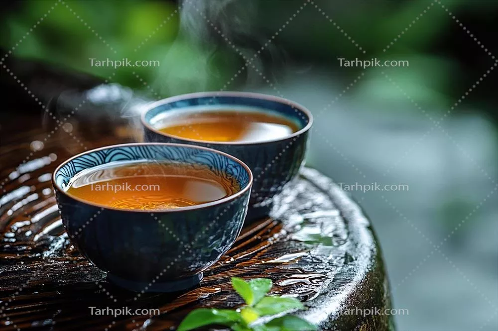 دو فنجان چای سبز چینی بر روی پایه چوبی در پس‌زمینه‌ای طبیعی و محو