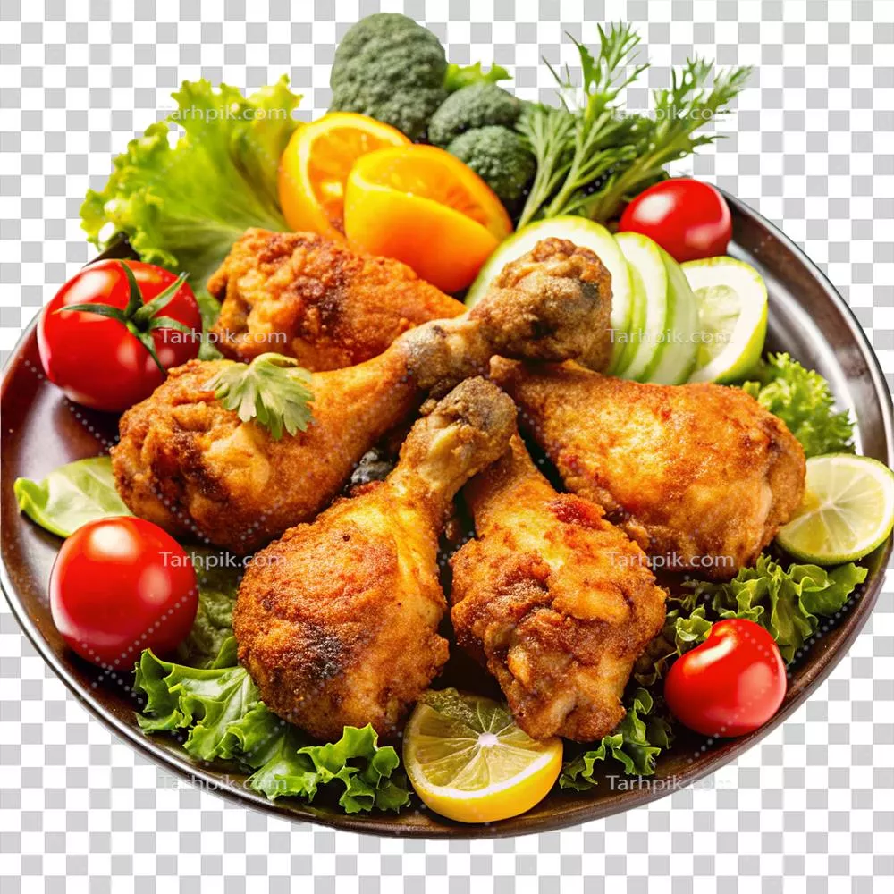 پاهای مرغ سرخ شده ترد و خوشمزه با سبزیجات تازه و میوه‌های مرکبات