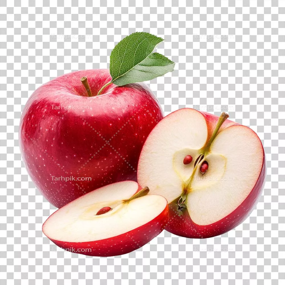 سیب قرمز تازه و کامل با تکههای برشخورده و برگ سبز با رنگهای زنده و تازگی طبیعی