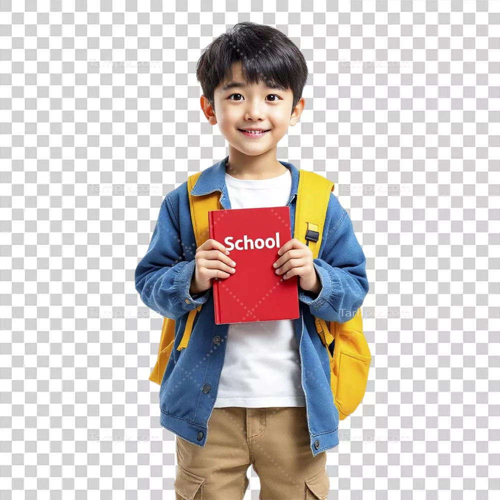 پسری که کتاب قرمزی با عنوان مدرسه را در دست دارد
