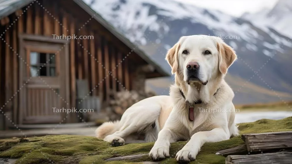 لabrador-retriever در حال استراحت در مقابل کلبه‌ای روستایی با چشم‌انداز کوهستانی