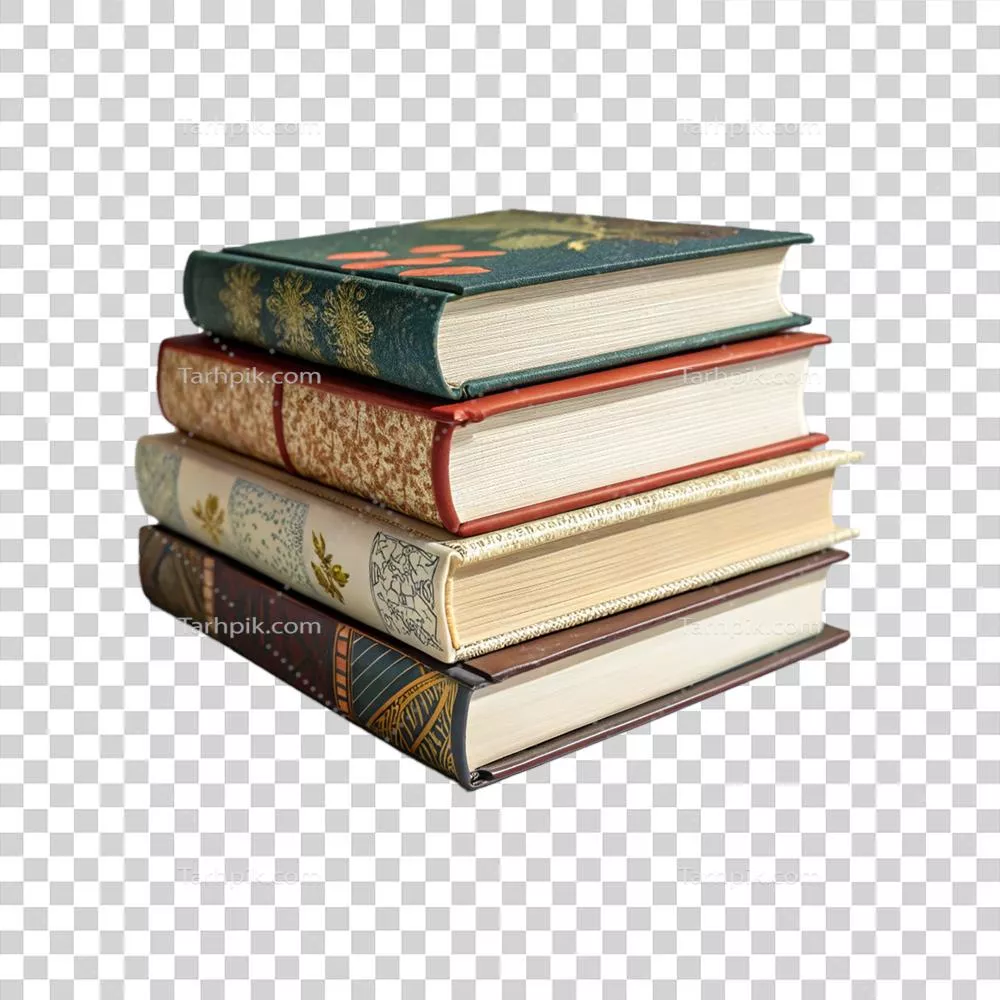 مجموعه‌ای از کتاب‌ها با پس‌زمینه‌ی شفاف و جذاب