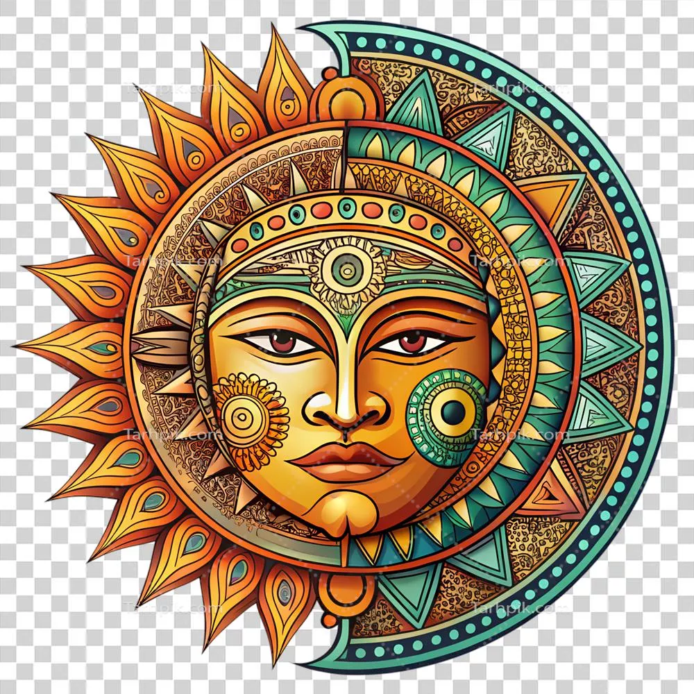 طراحی mandala رنگارنگ با الگوهای هنری قومی و قدیمی شامل خورشید و ماه