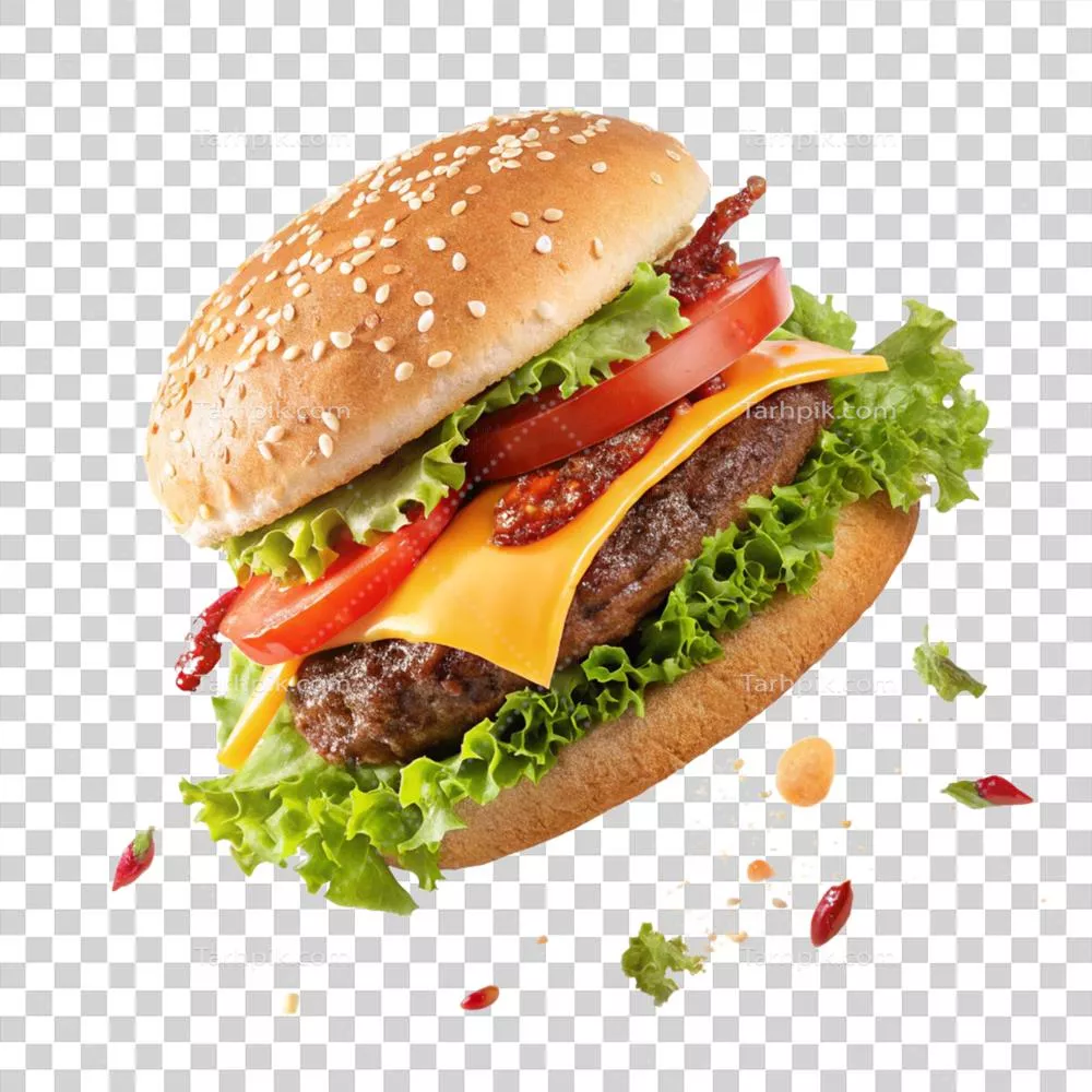 برگر لذیذ و آبدار با دانههای کنجد، پنیر ذوب شده، کاهو و گوجهفرنگی