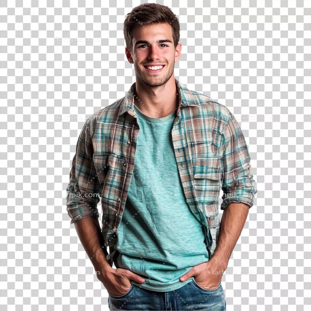 مردی با پیراهن چهارخانه سبز رنگ که در پس‌زمینه شفاف لبخند می‌زند
