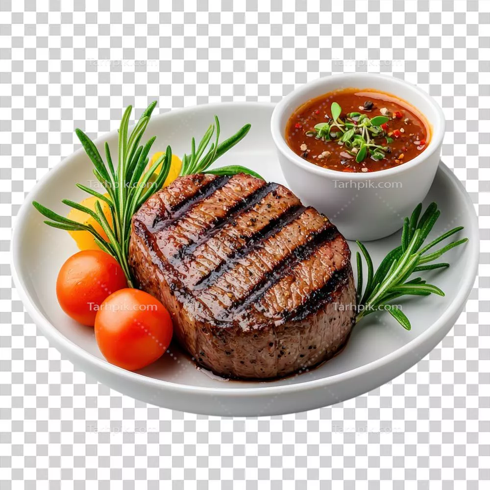 استیک گریلشده با سبزیجات تازه و سس خوشمزه در پسزمینهای شفاف و ایزوله