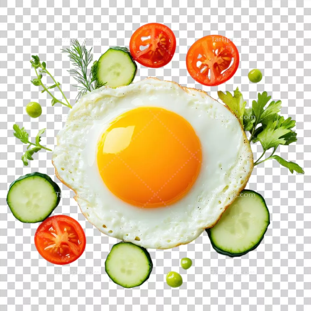 تخم مرغ سرخ شده با سبزیجات تازه شامل گوجه فرنگی و خیار بر روی پس زمینه شفاف