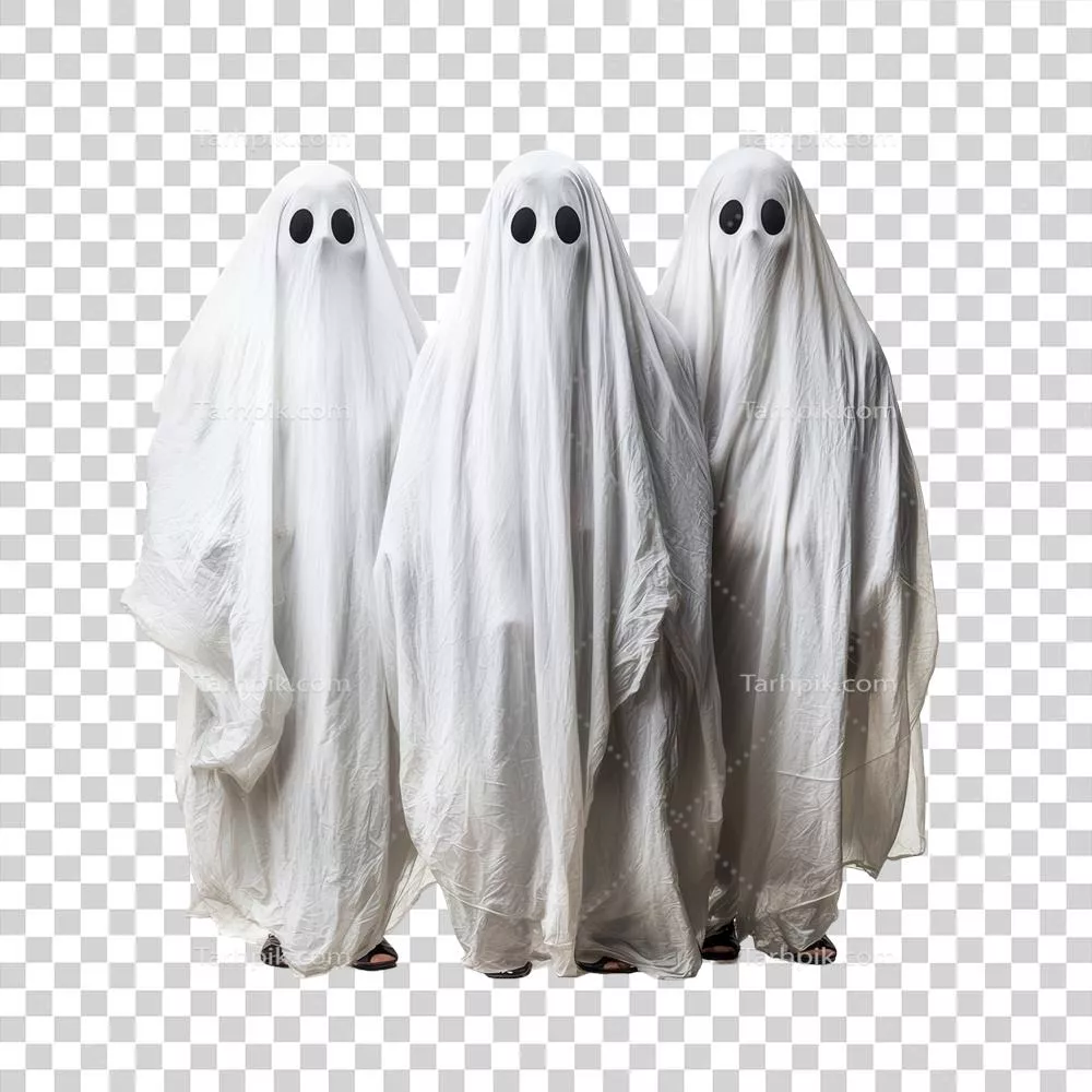 سه نفر در لباس شبح جشن هالووین را در پس‌زمینه شفاف جشن می‌گیرند