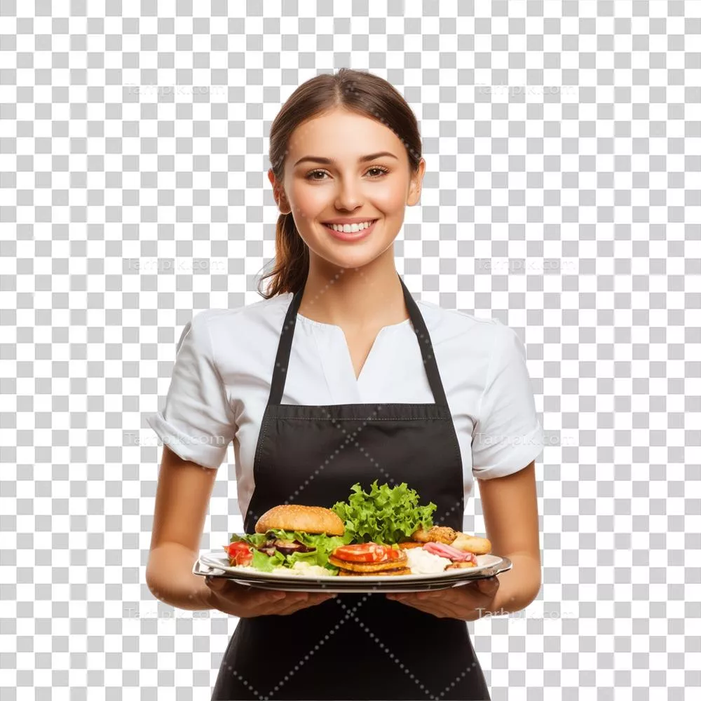 پیشخدمت خوشحال با سینی غذا و لبخند گرم در پسزمینه شفاف