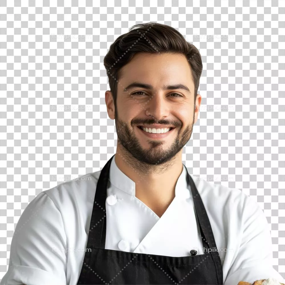 پرتره ای از یک گارسون که غذا را بر روی پس زمینه شفاف سرو می کند