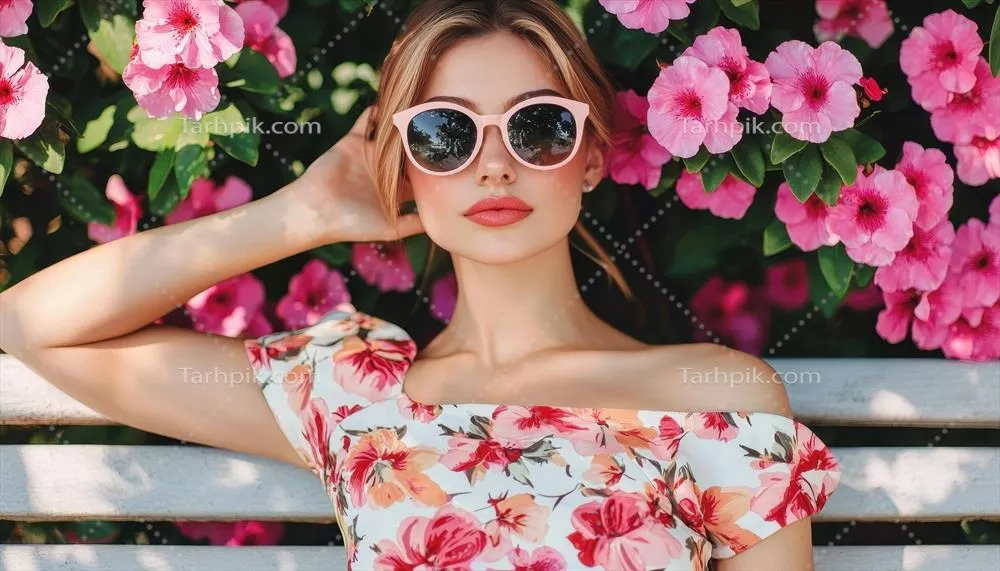 زن شرقی با طراحی مد روز در پارکی زیبا با پس‌زمینه گل‌های صورتی