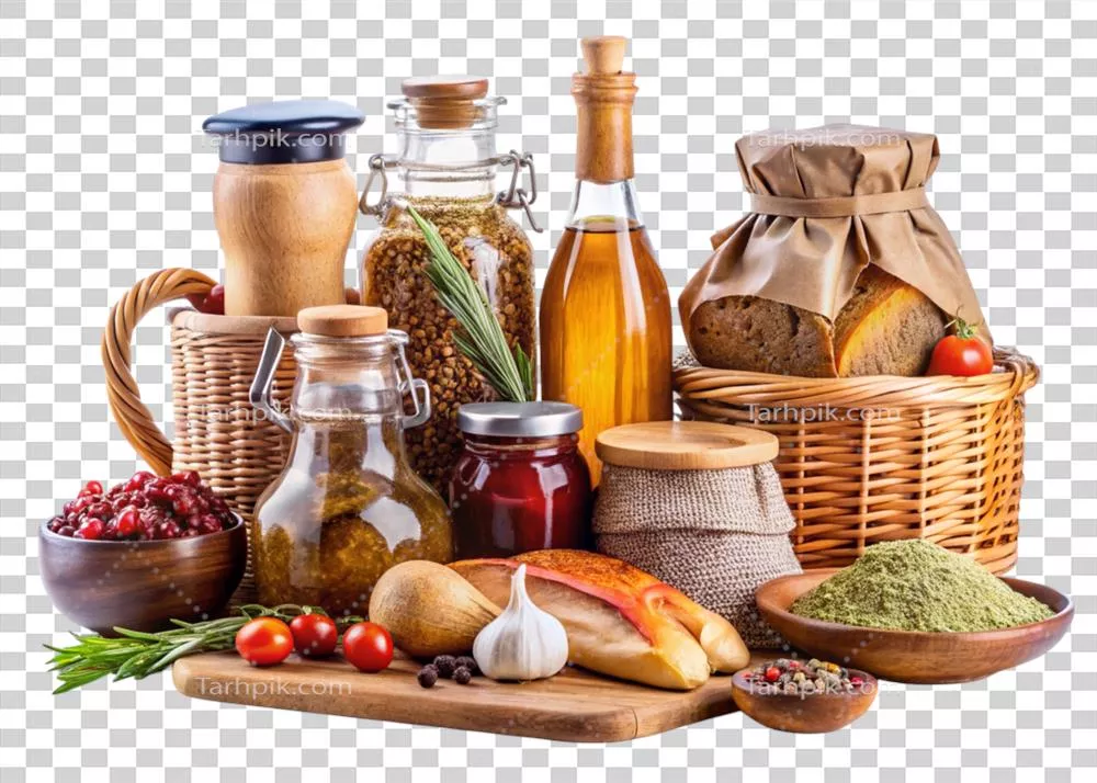 انتخاب روستایی از مواد غذایی دستساز شامل روغن، نان، پنیر و سبزیجات