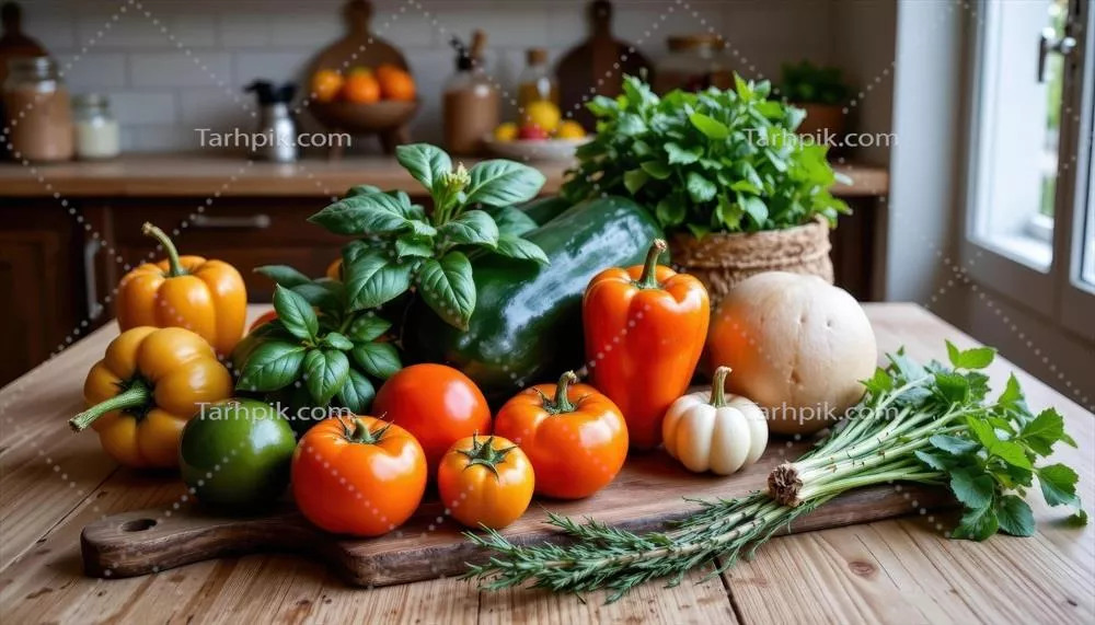 سبزیجات ارگانیک بر روی میز چوبی قدیمی با حس زندگی سالم در آشپزخانه روستایی