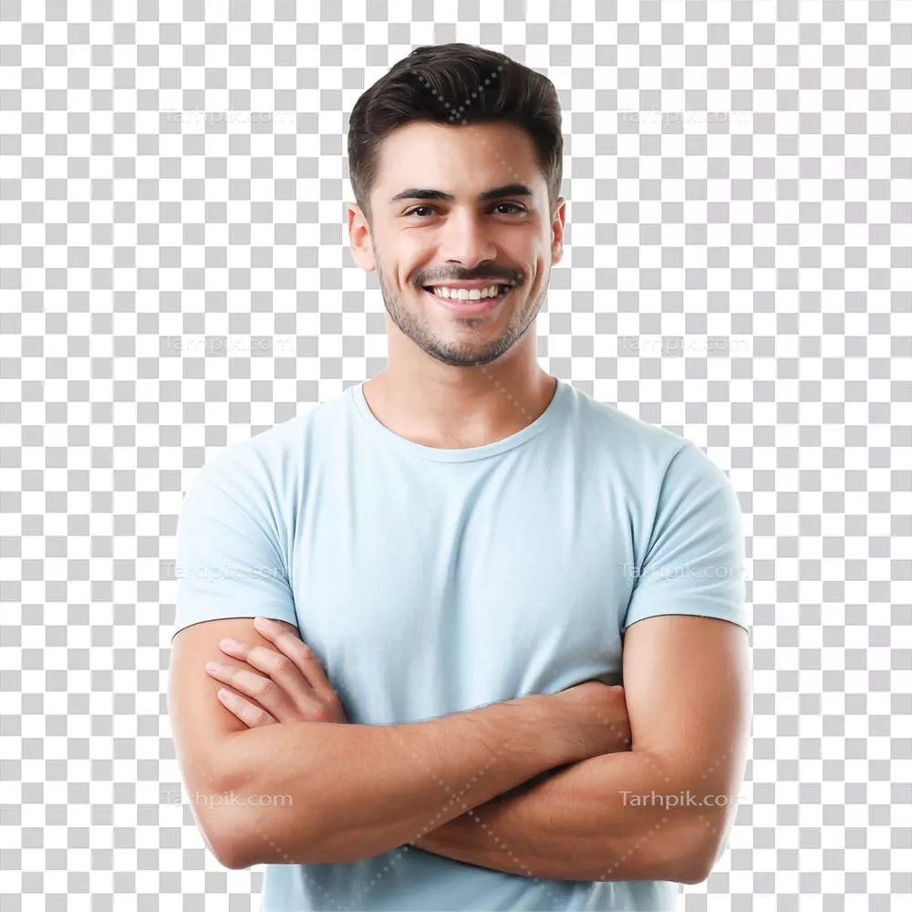 مرد هیسپانیک خوشتیپ با لبخند و دستها crossed بر روی پسزمینه شفاف - عکس استودیو