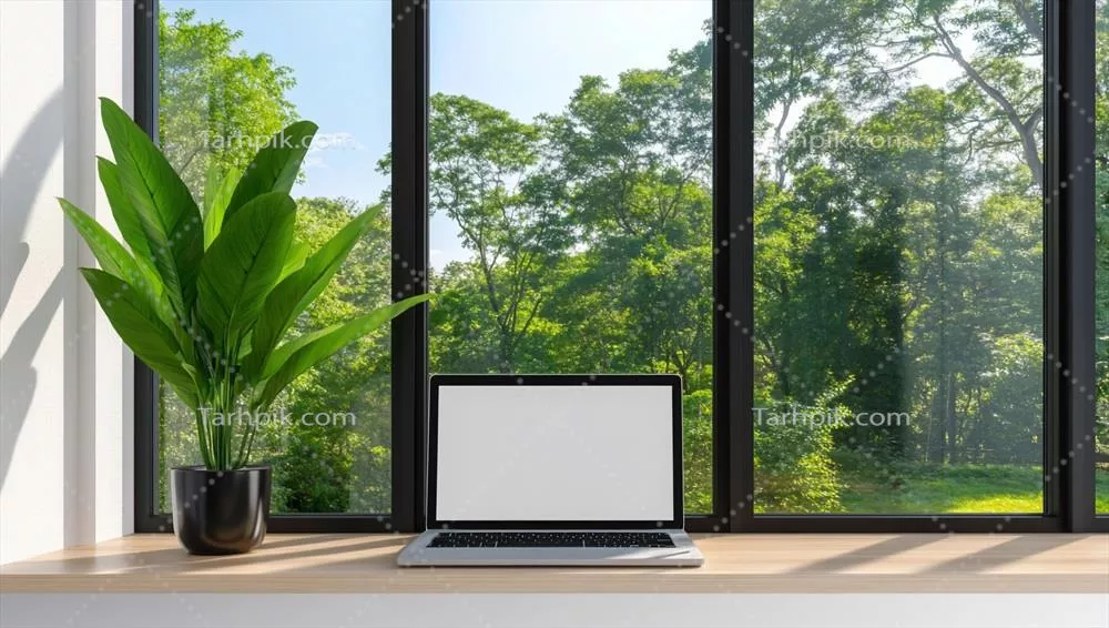 لپتاپ و گیاه بر لبه پنجره با چشماندازی از طبیعت برای کار از راه دور و سبک زندگی دیجیتال
