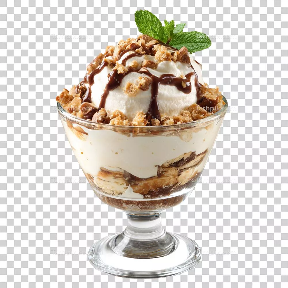 آیس کریم ساندی خوشمزه با شربت شکلات و نعنا در پس‌زمینه شفاف