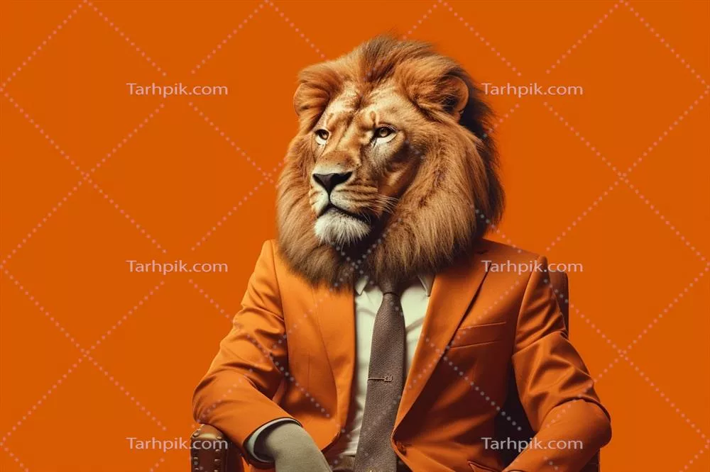 عکس استوک تصویر لاین در حال نشستن با کت و یقه در یک صندلی راحتی بر روی پس زمینه نارنجی که به صورت خلاقانه توسط هوش مصنوعی ایجاد شده است.