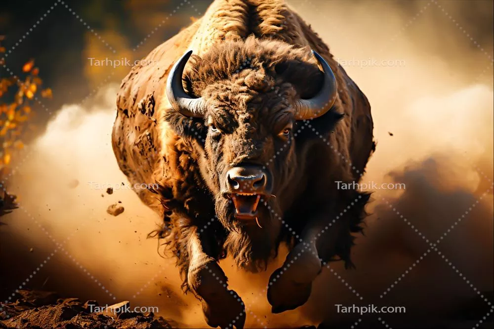 عکس استوک تصویری از یک بایسون که نماد قدرت و عظمت طبیعت است و به صورت خلاقانه توسط هوش مصنوعی ایجاد شده است.