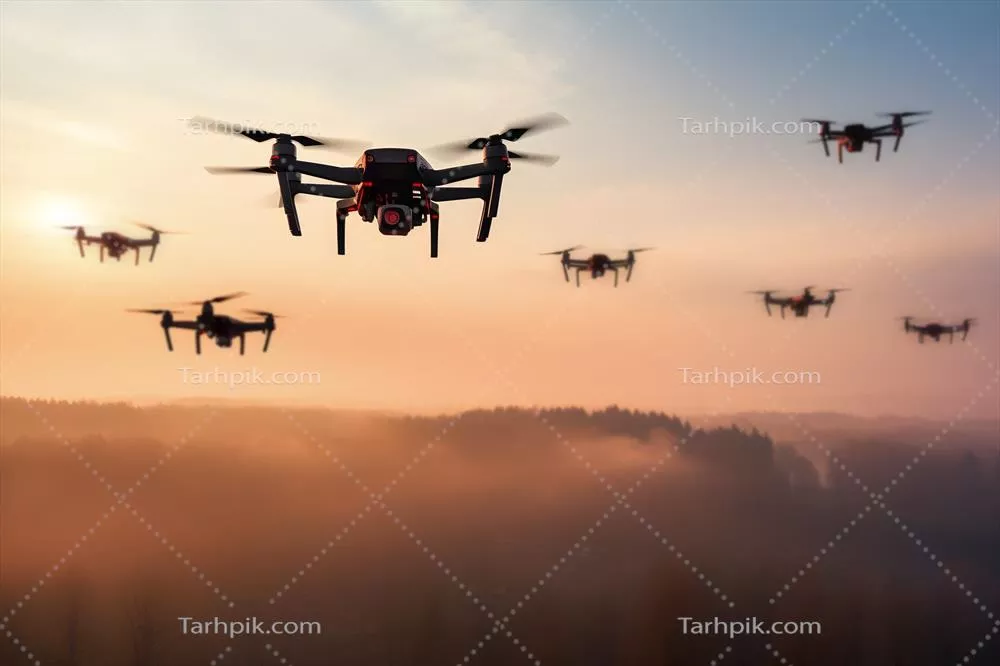 ارتش جنراتور هوش مصنوعی از پهپادها بر فراز جنگل در نور آفتاب