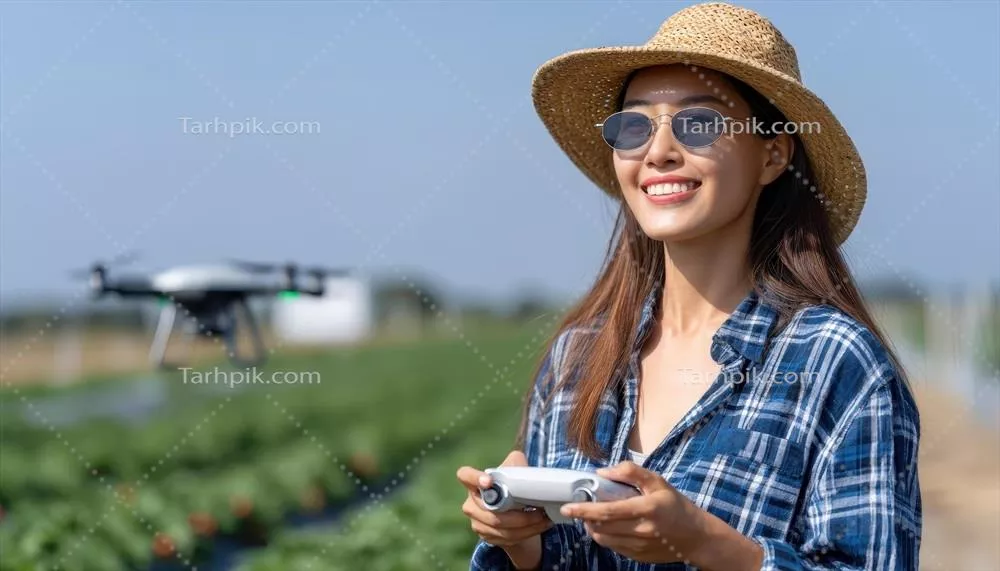 زن آسیایی جذاب در حال کنترل پهپاد در فضای باز و در مزرعه