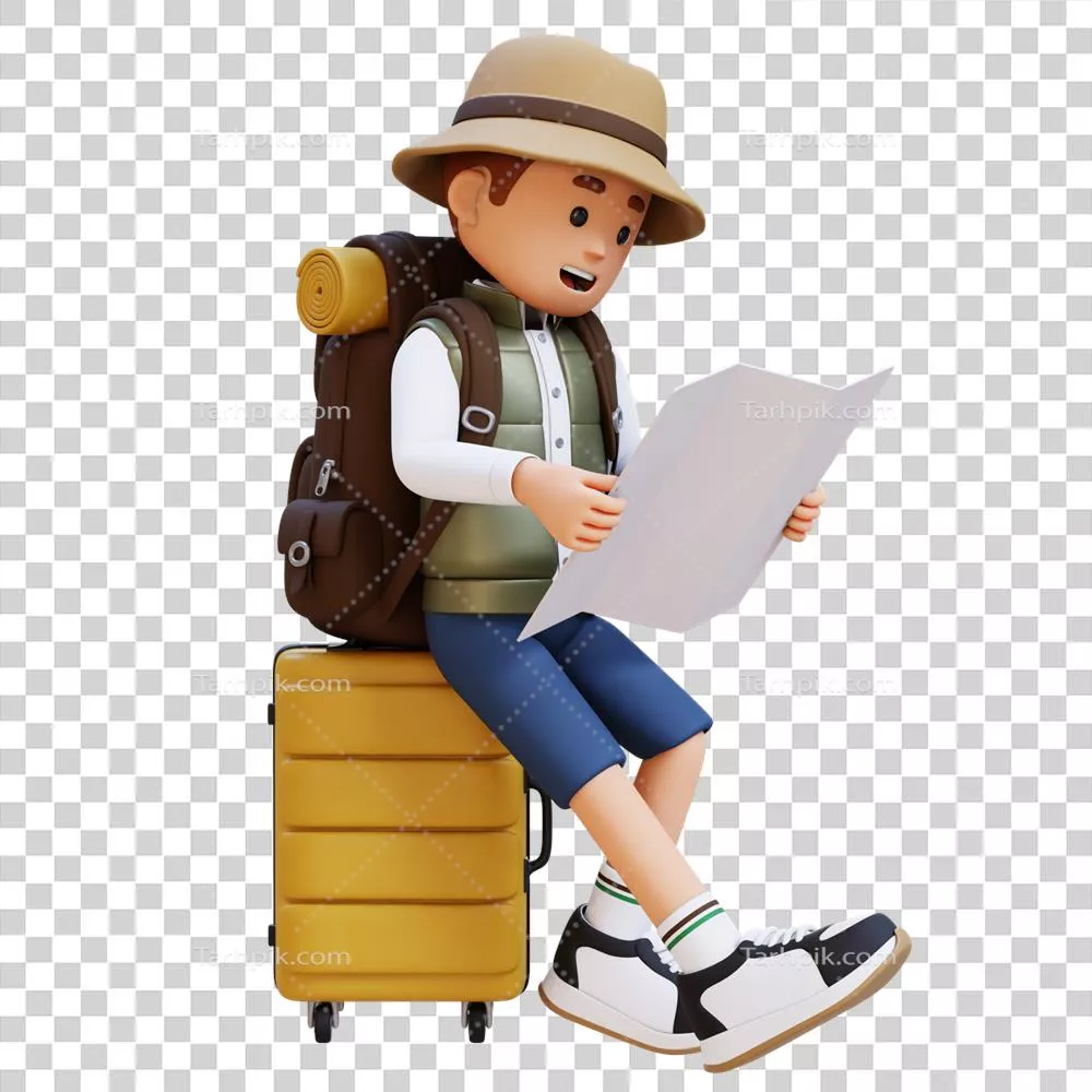 شخصیت مسافر سه بعدی نشسته بر روی چمدان و در حال بررسی نقشه