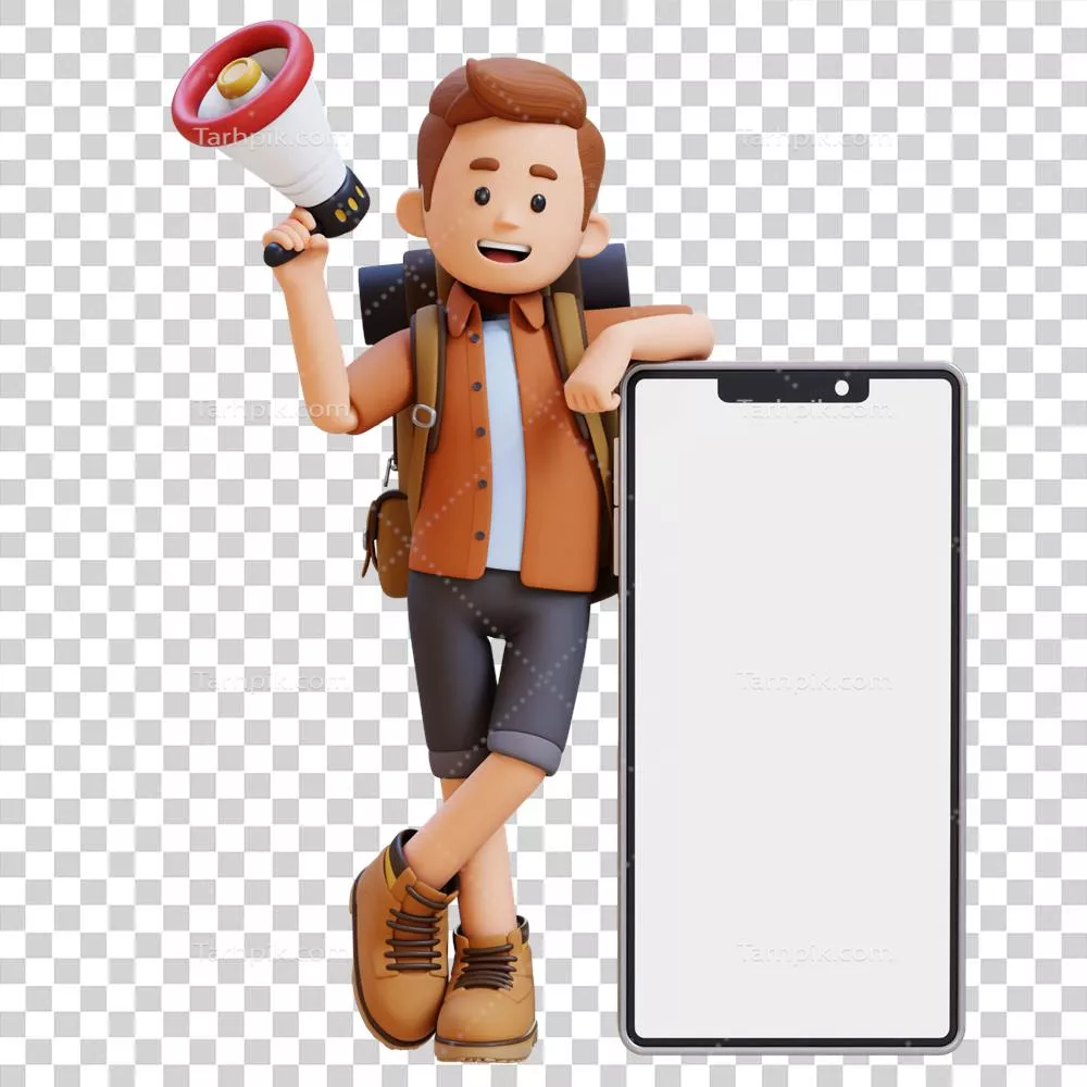 شخصیت 3D مسافر با میکروفن و دراز کشیده بر روی صفحه نمایش بزرگ خالی گوشی
