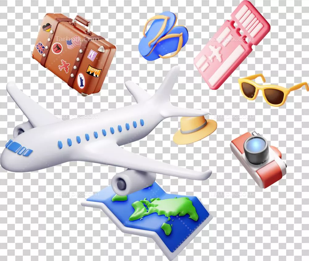 کیف سفر بلیط هواپیمایی سه بعدی با نقشه و هواپیما