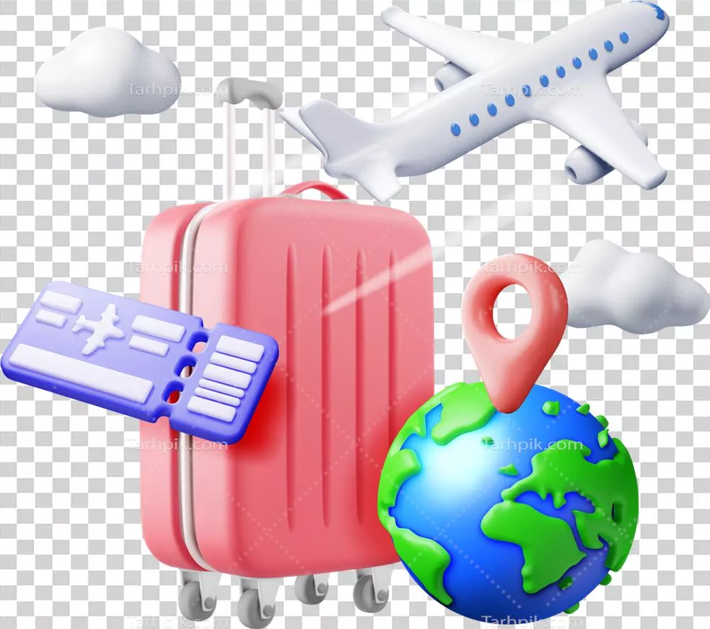 کیف سفر بلیط هواپیمایی سه بعدی به همراه کره و هواپیما