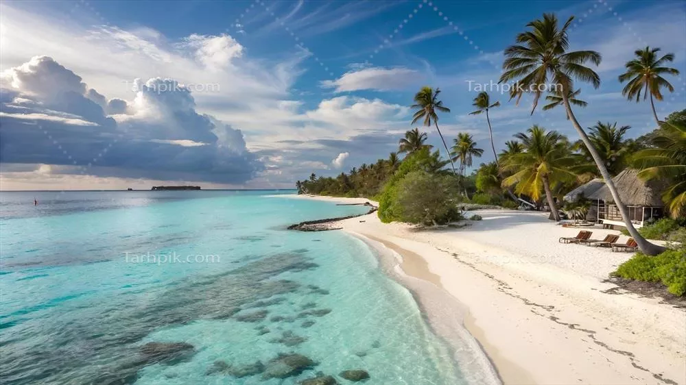 بهشت گرمسیری ساحل با آبهای فیروزهای و نخلهای دلپذیر: انتخابی ایدهآل برای تبلیغات سفر و بروشورهای تعطیلات