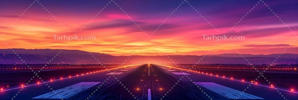 افق دراماتیک آسمان غروب مصنوعی بر فراز باند فرودگاه با نورهای درخشان و فضای خالی برای تبلیغات سفر و حمل و نقل