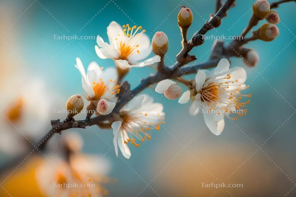 پسزمینه زیبا و انتزاعی بهاری با شاخههای شکوفهدار زردآلو در آسمان سبک آبی ملایم