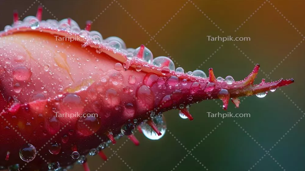 تصویری با وضوح بالا از شبنمهای مصنوعی بر روی خار گل، با پسزمینه محو