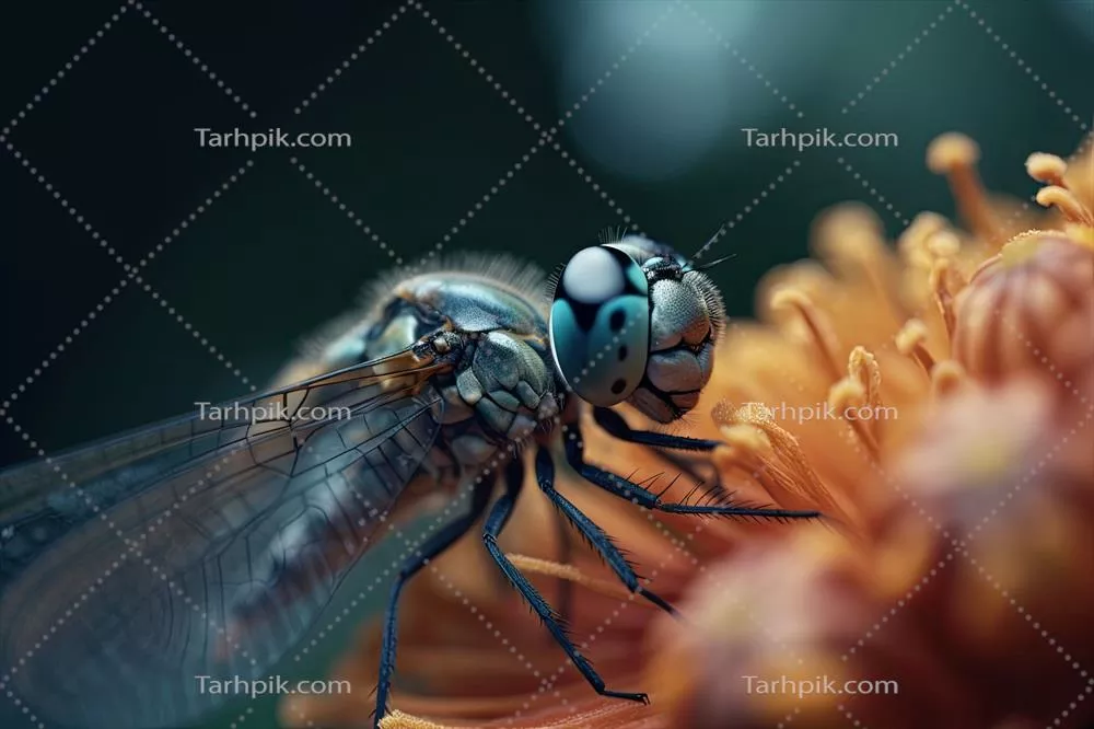 عکس ماکرو از یک سنجاقک با بالهای شفاف و ظریف بر روی گل