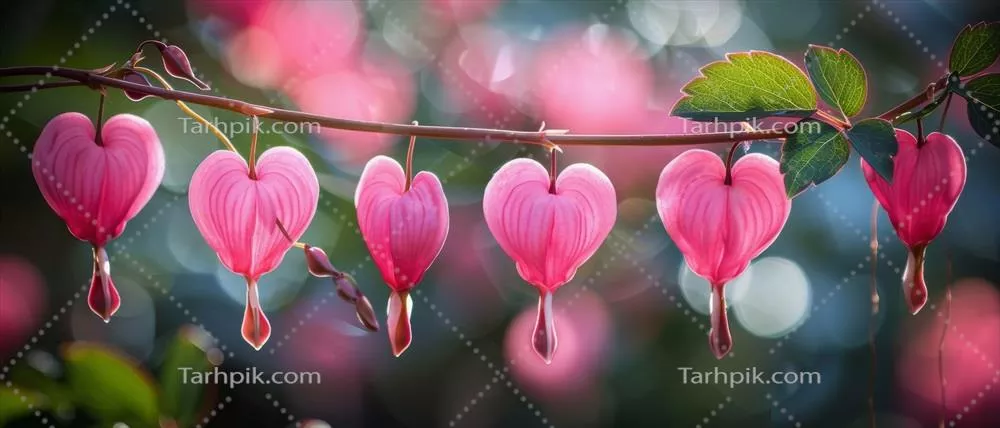 گل های قلب خونین صورتی آویزان از شاخه در نور خورشید