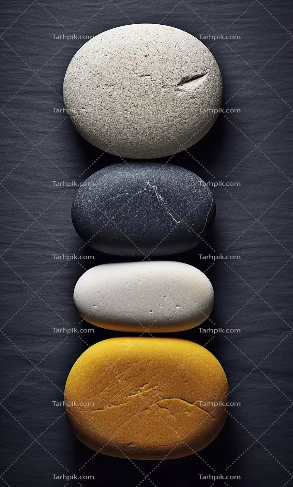 نمایش سنگ‌های رنگارنگ به رنگ‌های تیره، سرمه‌ای و زرد با استفاده از هوش مصنوعی