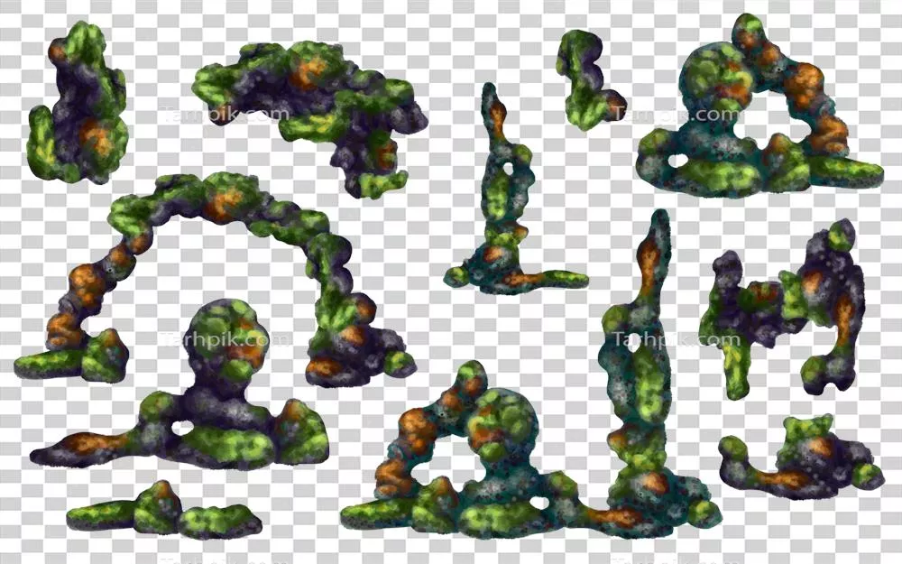 تصویر دیجیتالی از مجموعه ای بزرگ از سنگ های زیر آب با جلبک های سبز و مرجان های نارنجی برای استفاده در ترکیب ها و چاپ ها