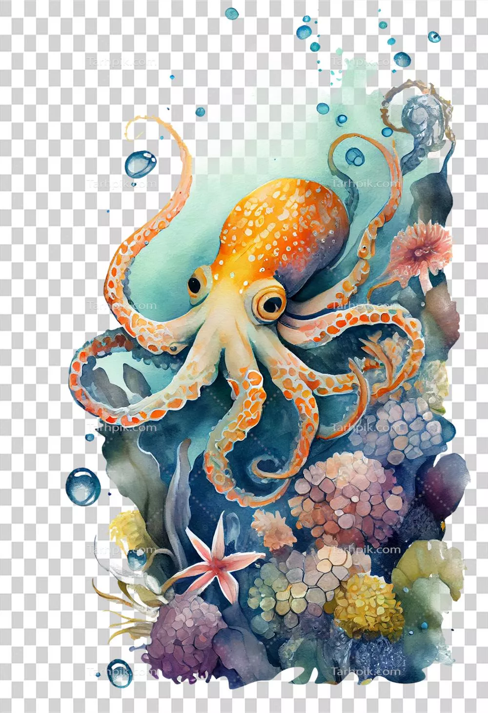 نقاشی آبرنگ از هشت پا در حال شنا در اعماق اقیانوس با استفاده از هوش مصنوعی