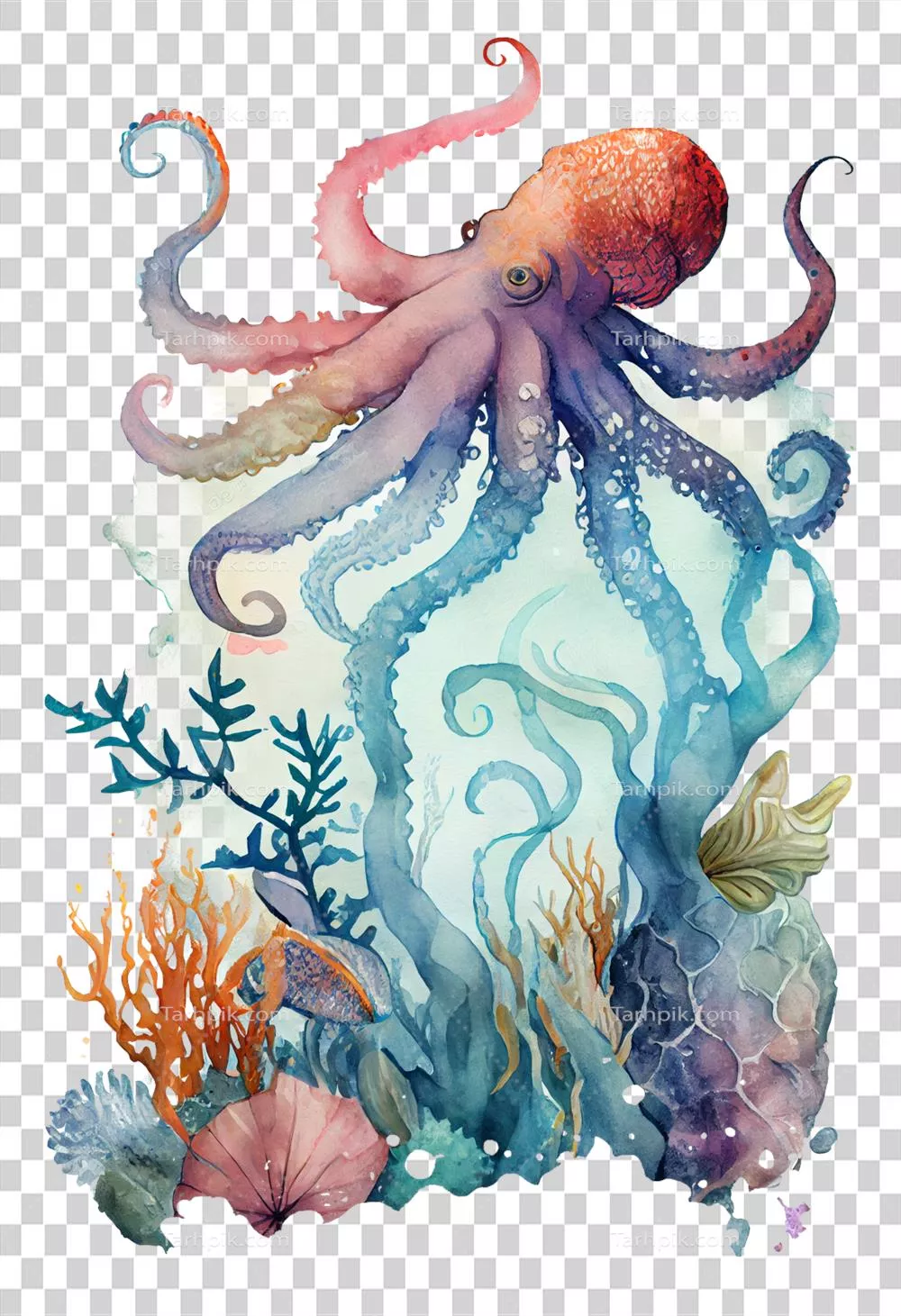 آب رنگی از اختاپوس در حال شنا کردن در زیر آب در اقیانوس - هنر تولیدی AI