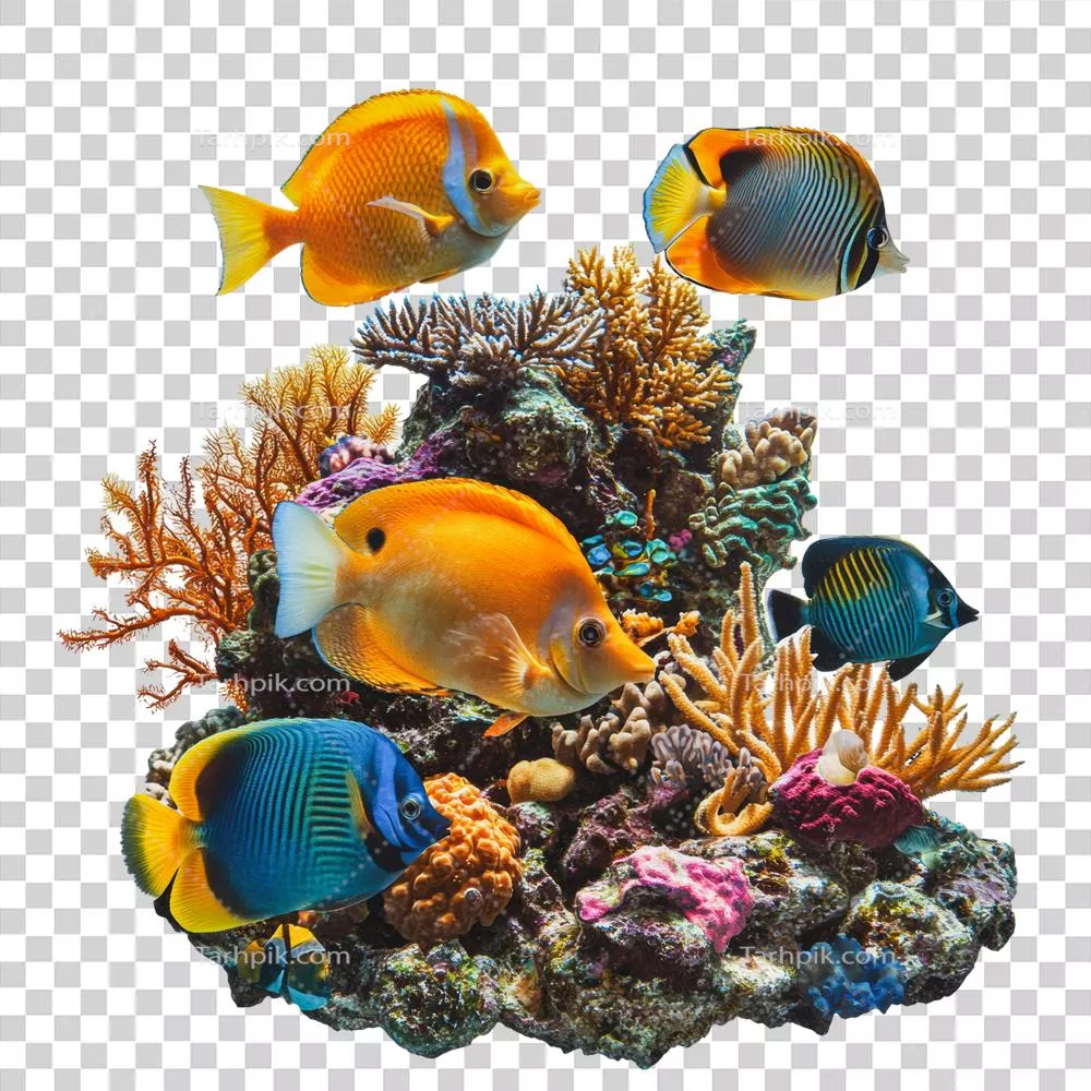 ماهی‌های رنگارنگ گرمسیری در حال شنا کردن در میان مرجان های vibrant در یک آکواریوم شفاف