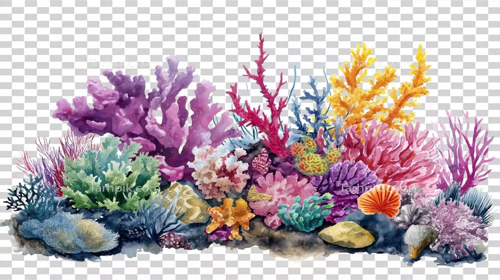 دنیای زیبا و رنگارنگ زیر آب با مرجانها و زندگی دریایی بر روی پسزمینه شفاف