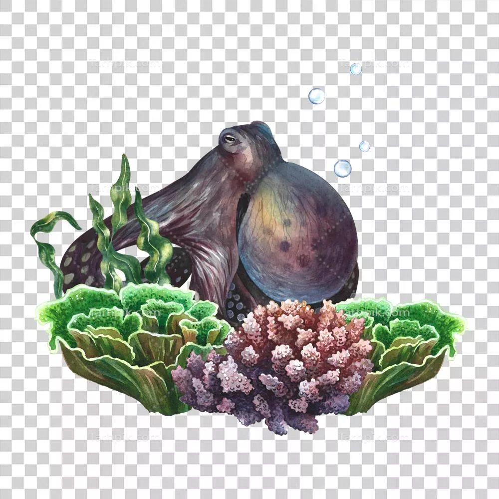 طرح هنری اکتیو دریا با هشتپای آبزی در میان مرجانها و تنوع رنگها