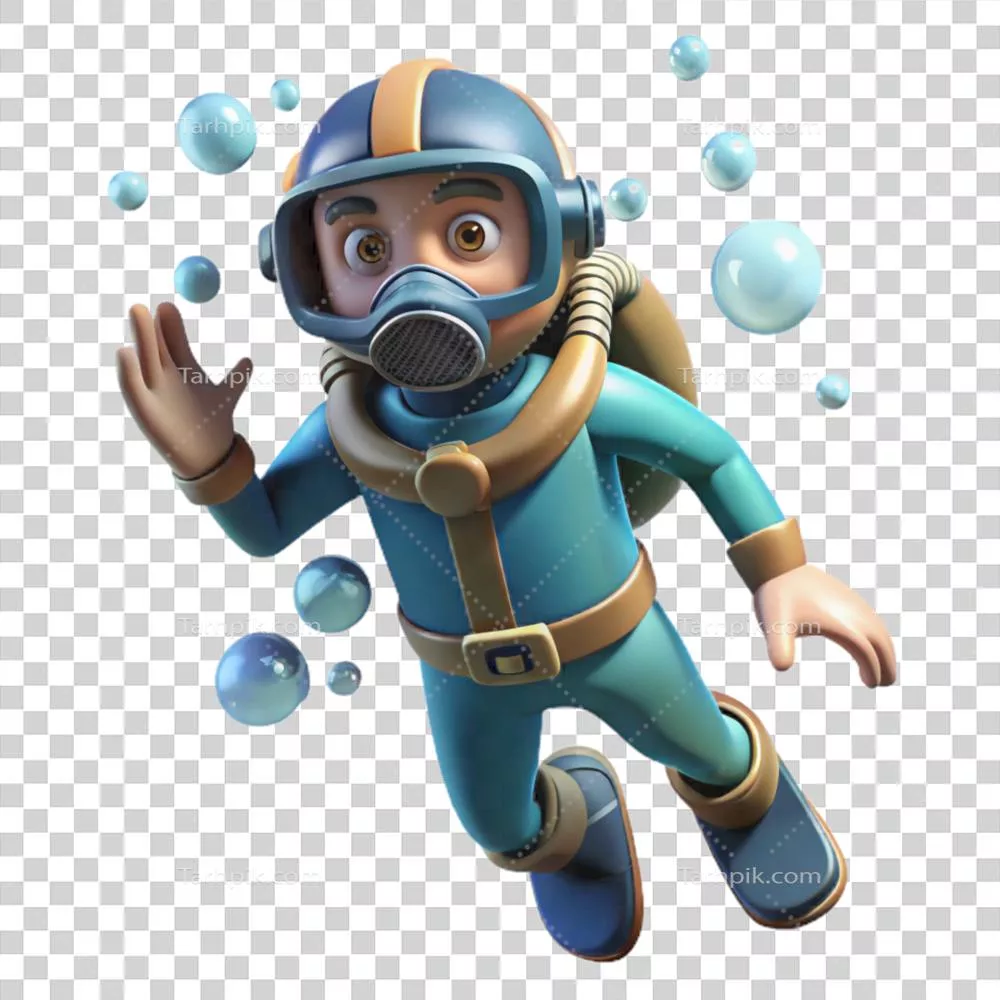 غواص فوق العاده مع حبابهای زیرآب در پس زمینه شفاف