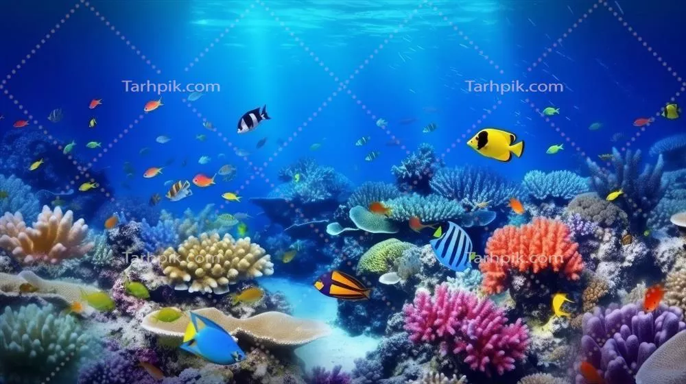 تصویر پسزمینه وسیع و جذاب از مناظر صخرههای مرجانی زیر آب در اقیانوس عمیق آبی