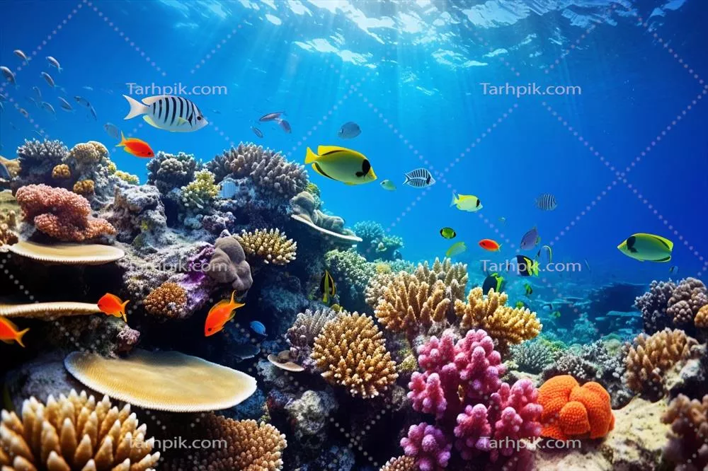 صحنه زیر آب جذاب با صخره مرجانی چند رنگ و ماهیهای متنوع