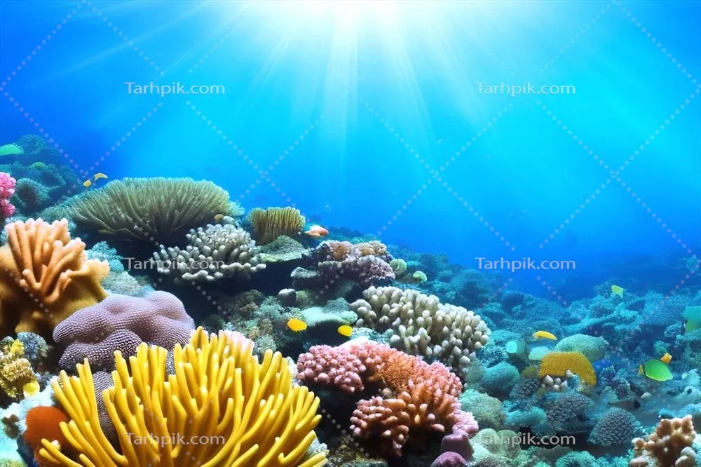 صحنه زیر آب اقیانوس با مرجان ها و دنیای زیر آب زیبا و شگفت انگیز