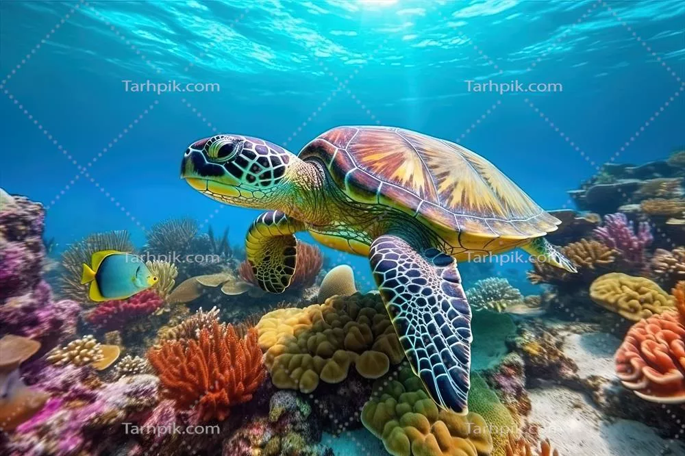 لاکپشت دریایی در حال شنا در زیر آب با پسزمینهای از مرجانها