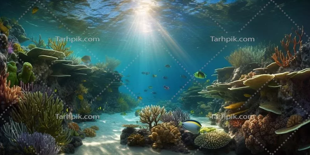 مرجان های رنگارنگ و ماهی ها در آب زلال آبی - گرافی زیرآب تولید شده با هوش مصنوعی