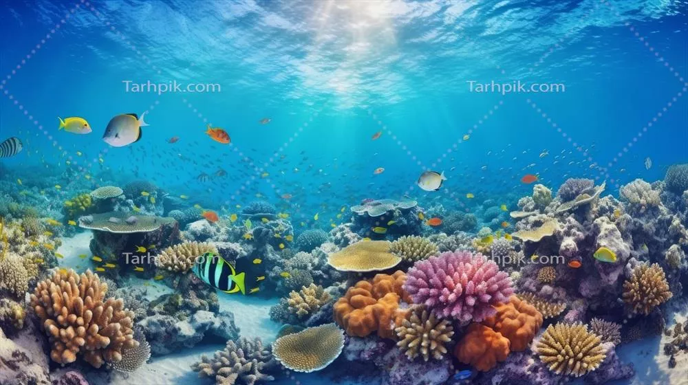 تصویر بستر مرجانی زیر آب در اقیانوس عمیق با طراحی گرافیکی هوش مصنوعی