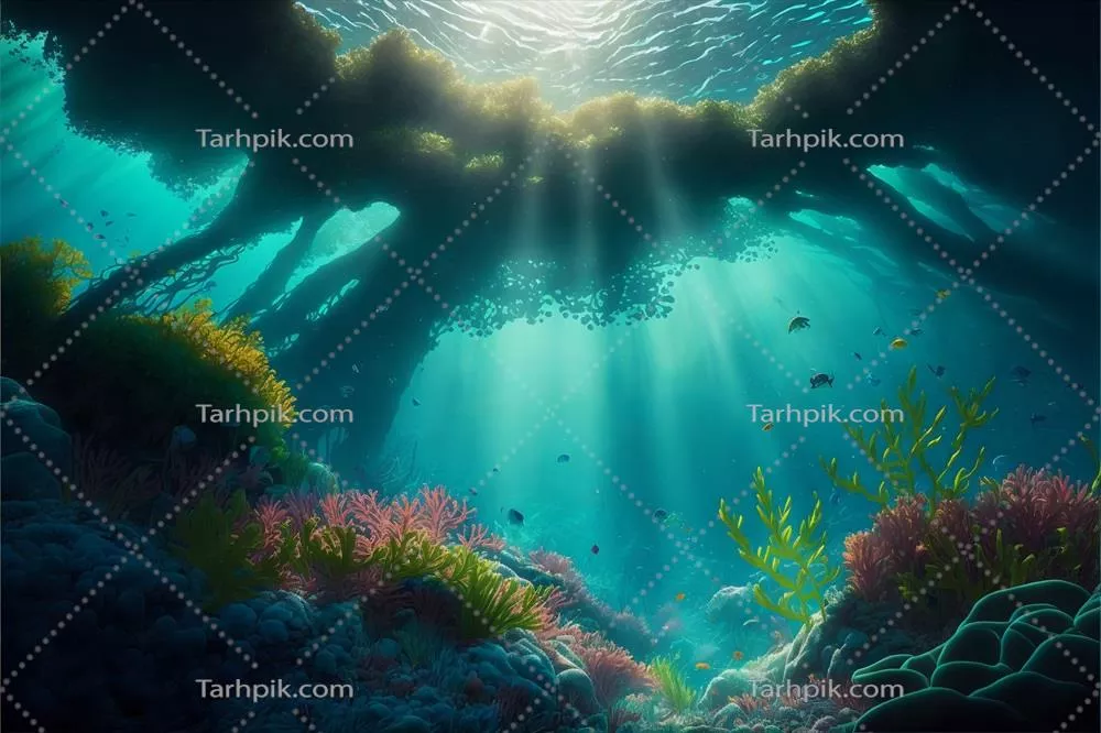تصویری رنگارنگ از زندگی زیرآبی در اعماق اقیانوس با نورهای خورشید و گیاهان دریایی