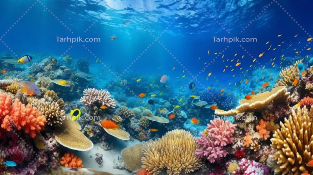 تصویر بنر فوق عریض از دنیای زیر آب با مرجان‌ها در اقیانوس عمیق و آبی